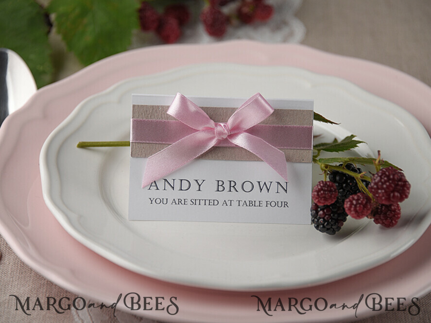 PLACE CARDS / TABLE CARDS rustic and lace Romantic White Minimalist Wedding Table Place Cards with Pink Ribbon, Modern Elegant Botanical Place Card, Glamour Table Cards, Gorgeous Floral Wedding Name Tag