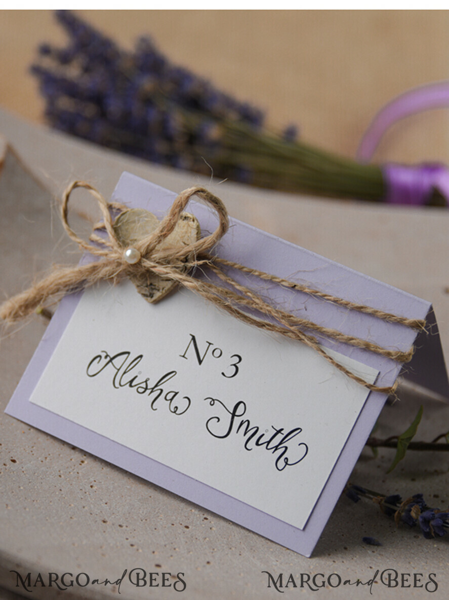 PLACE CARDS / TABLE CARDS rustic and lace Romantic Lavender Wedding Place Cards, Lilac Name Tags with Burlap Twine and Wooden Heart, Elegant Wedding Stationery, Rustic Escort Cards, Editable Text
