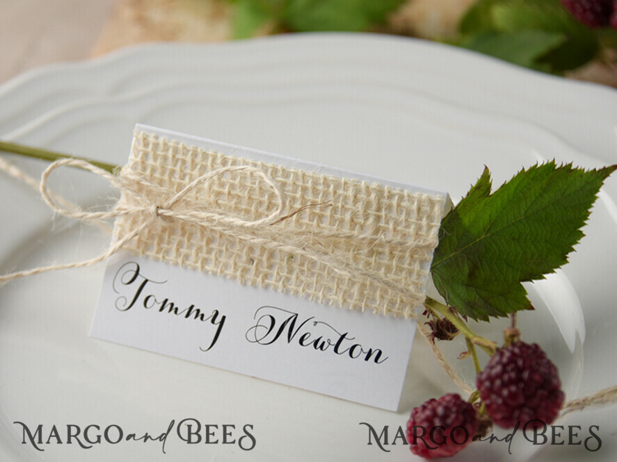 PLACE CARDS / TABLE CARDS rustic and lace Elegant Eco White Wedding Place Cards with Natural Burlap, White Wedding Name Tags with Burlap Twine, Rustic Wedding Stationery, Editable Text Escort Cards