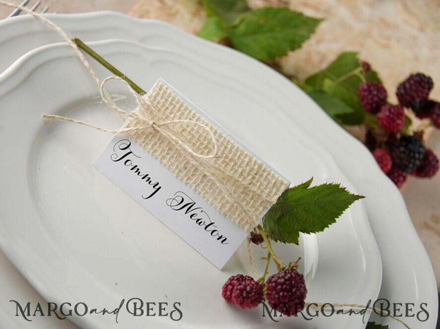PLACE CARDS / TABLE CARDS rustic and lace Elegant Eco White Wedding Place Cards with Natural Burlap, White Wedding Name Tags with Burlap Twine, Rustic Wedding Stationery, Editable Text Escort Cards