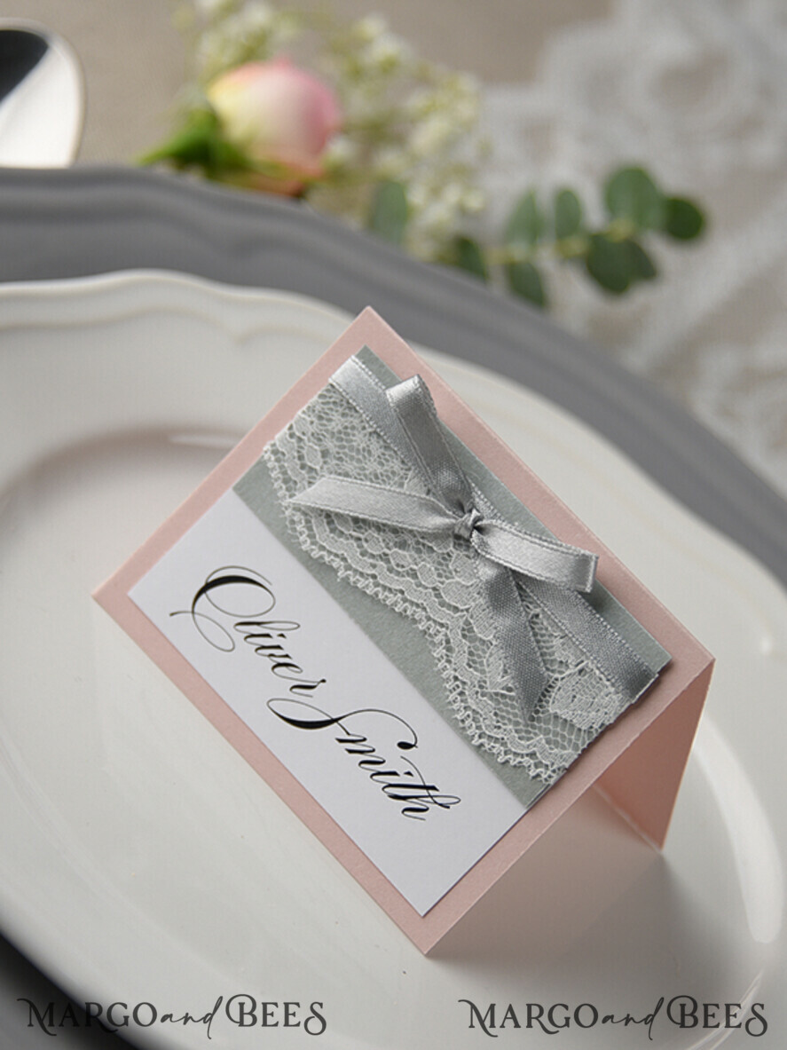 PLACE CARDS / TABLE CARDS rustic and lace Romantic Grey Wedding Place Cards, Name Tags with Grey Ribbon and Lace, Elegant Wedding Stationery, Blush Pink Rustic Escort Cards, Editable Text, Shabby Chic