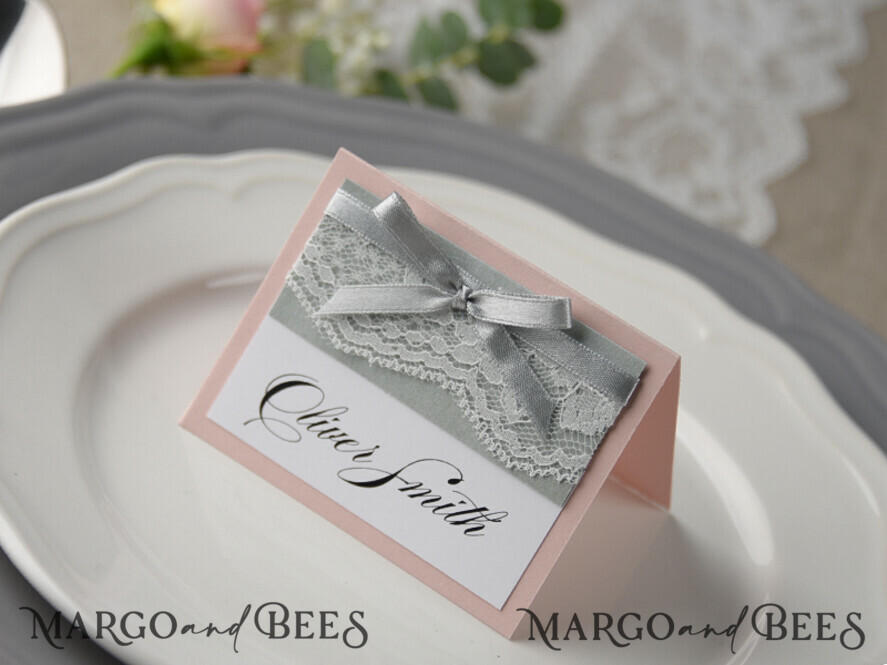 PLACE CARDS / TABLE CARDS rustic and lace Romantic Grey Wedding Place Cards, Name Tags with Grey Ribbon and Lace, Elegant Wedding Stationery, Blush Pink Rustic Escort Cards, Editable Text, Shabby Chic