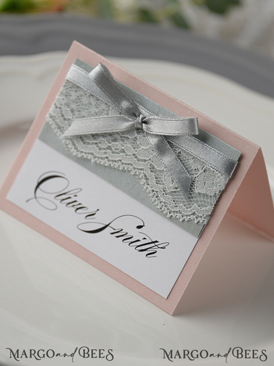 PLACE CARDS / TABLE CARDS rustic and lace Romantic Grey Wedding Place Cards, Name Tags with Grey Ribbon and Lace, Elegant Wedding Stationery, Blush Pink Rustic Escort Cards, Editable Text, Shabby Chic