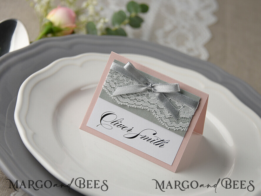 PLACE CARDS / TABLE CARDS rustic and lace Romantic Grey Wedding Place Cards, Name Tags with Grey Ribbon and Lace, Elegant Wedding Stationery, Blush Pink Rustic Escort Cards, Editable Text, Shabby Chic