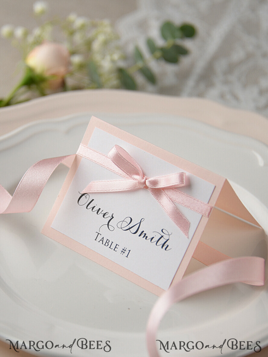 PLACE CARDS / TABLE CARDS rustic and lace Romantic White Minimalist Wedding Table Place Cards with Pink Ribbon, Modern Elegant Peach Place Card, Gorgeous Wedding Name Tag, Editable Text Escort Card