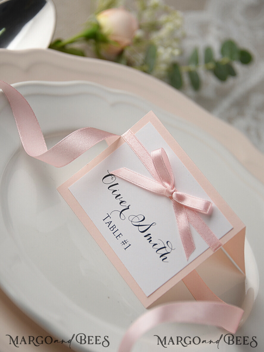 PLACE CARDS / TABLE CARDS rustic and lace Romantic White Minimalist Wedding Table Place Cards with Pink Ribbon, Modern Elegant Peach Place Card, Gorgeous Wedding Name Tag, Editable Text Escort Card