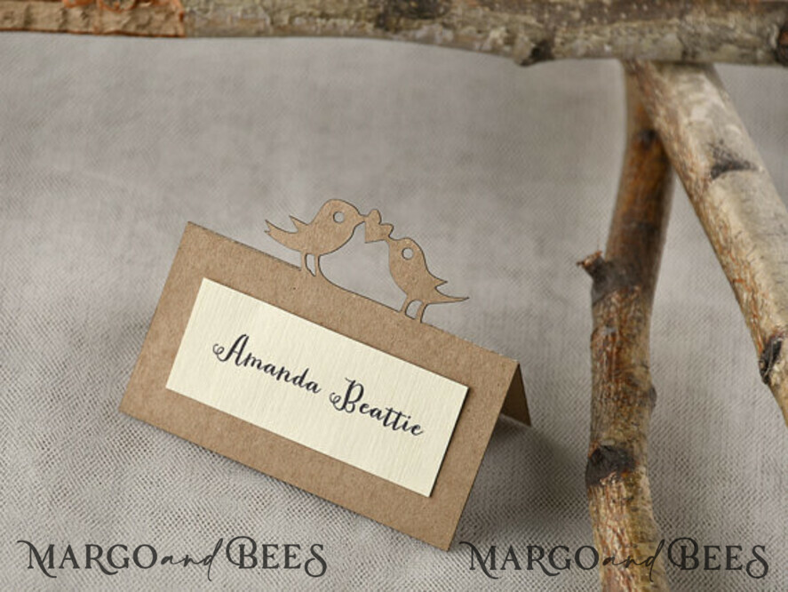 PLACE CARDS / TABLE CARDS rustic and lace Eco Brown Wedding Place Cards with Birds Decor, Ivory and Eco Wedding Name Tags, Rustic Wedding Stationery, Rustic Wedding Escort Cards, Editable Text