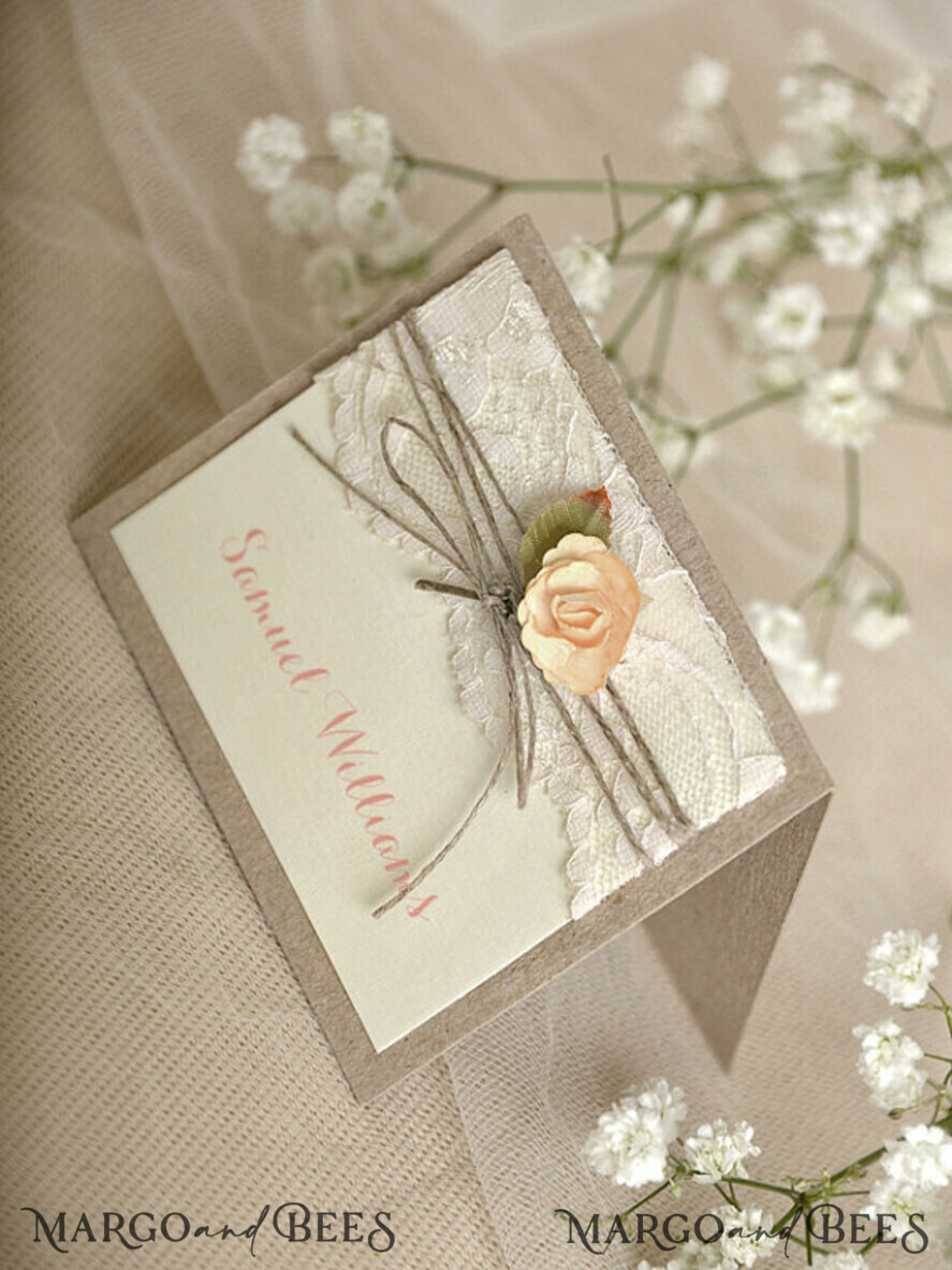 PLACE CARDS / TABLE CARDS rustic and lace Elegant Eco Brown Wedding Place Cards with Floral Decor, Ivory Wedding Name Tags with Natural Twine and Ecru Lace, Rustic Wedding Stationery, Editable Text