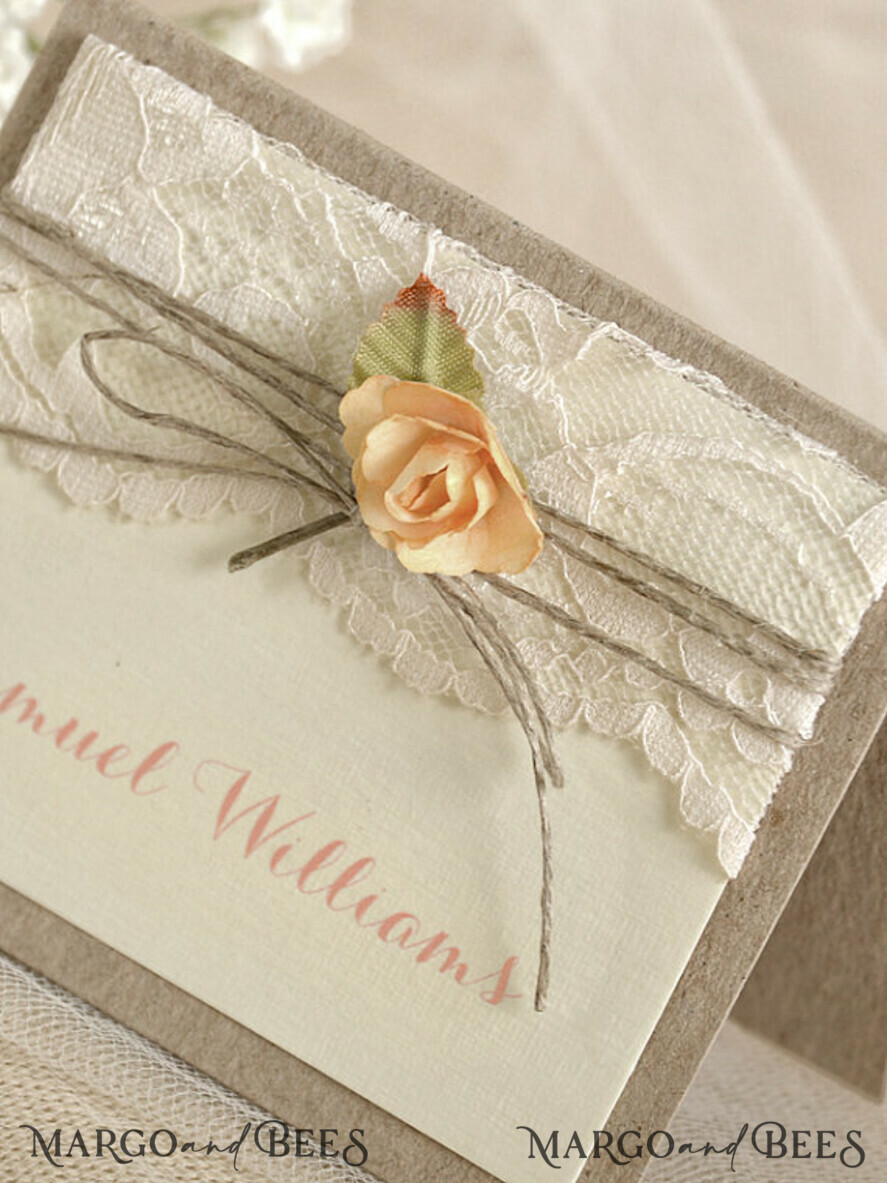 PLACE CARDS / TABLE CARDS rustic and lace Elegant Eco Brown Wedding Place Cards with Floral Decor, Ivory Wedding Name Tags with Natural Twine and Ecru Lace, Rustic Wedding Stationery, Editable Text