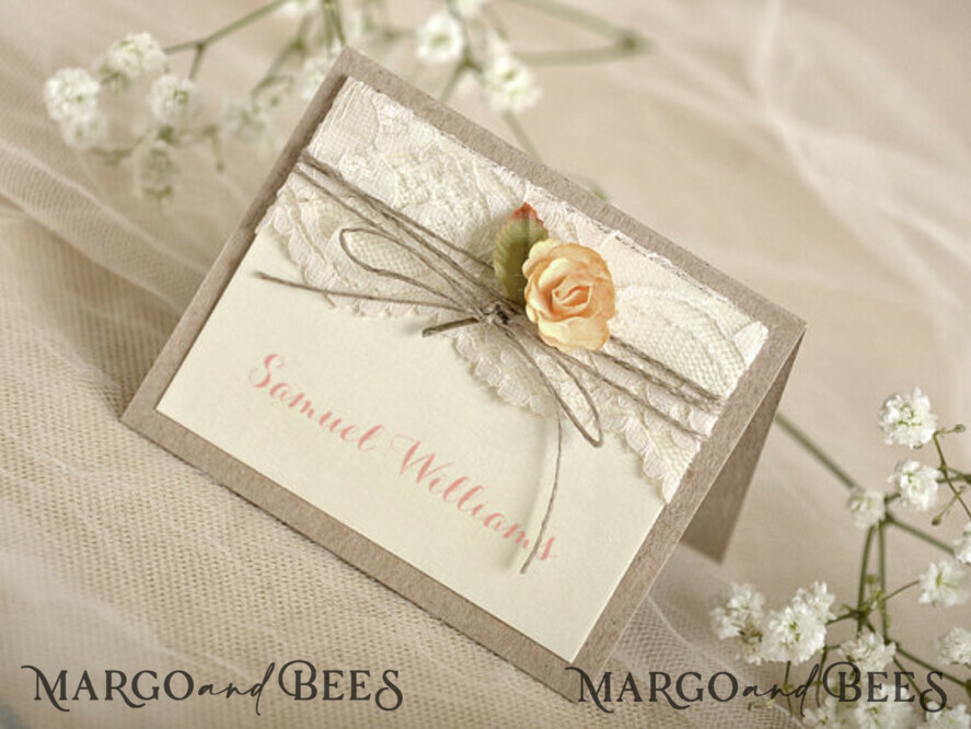 PLACE CARDS / TABLE CARDS rustic and lace Elegant Eco Brown Wedding Place Cards with Floral Decor, Ivory Wedding Name Tags with Natural Twine and Ecru Lace, Rustic Wedding Stationery, Editable Text