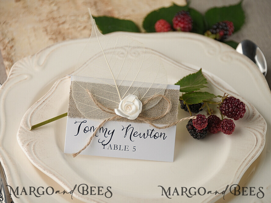 PLACE CARDS / TABLE CARDS rustic and lace Elegant Eco Brown Wedding Place Cards with White Rose, Ivory Wedding Name Tags with Brown Burlap Twine and Dried Leaf, Rustic Wedding Stationery, Editable Text