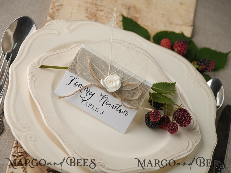 PLACE CARDS / TABLE CARDS rustic and lace Elegant Eco Brown Wedding Place Cards with White Rose, Ivory Wedding Name Tags with Brown Burlap Twine and Dried Leaf, Rustic Wedding Stationery, Editable Text