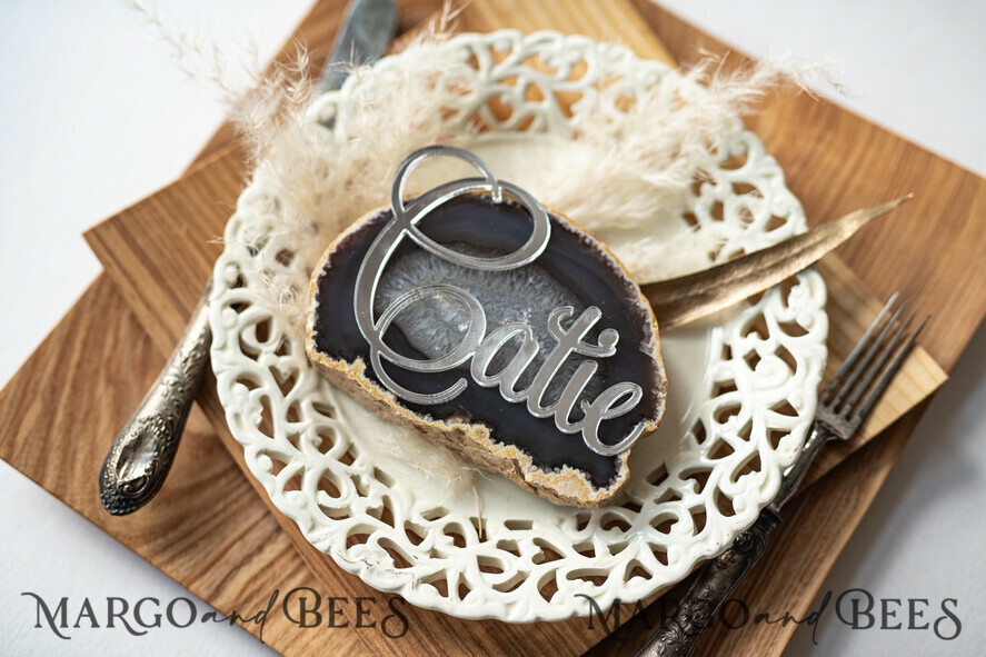 PLACE CARDS / TABLE CARDS Acrylic Gold Clear / Wood 3D Extra Large Name Cards, Custom Elegant 3D Silver Mirror Acrylic Place Cards, Engraved Name Premium Luxury Seating Cards, Silver Acrylic Custom Escort Cards