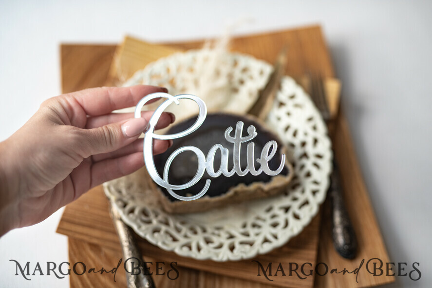 PLACE CARDS / TABLE CARDS Acrylic Gold Clear / Wood 3D Extra Large Name Cards, Custom Elegant 3D Silver Mirror Acrylic Place Cards, Engraved Name Premium Luxury Seating Cards, Silver Acrylic Custom Escort Cards