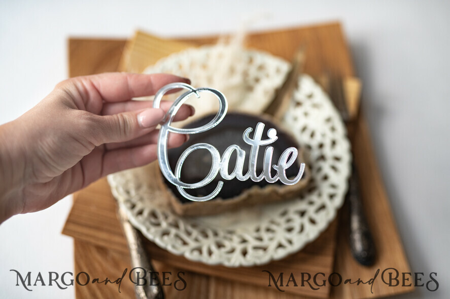 PLACE CARDS / TABLE CARDS Acrylic Gold Clear / Wood 3D Extra Large Name Cards, Custom Elegant 3D Silver Mirror Acrylic Place Cards, Engraved Name Premium Luxury Seating Cards, Silver Acrylic Custom Escort Cards