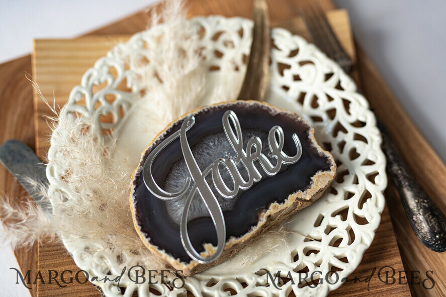 PLACE CARDS / TABLE CARDS Acrylic Gold Clear / Wood 3D Extra Large Name Cards, Custom Elegant 3D Silver Mirror Acrylic Place Cards, Engraved Name Premium Luxury Seating Cards, Silver Acrylic Custom Escort Cards