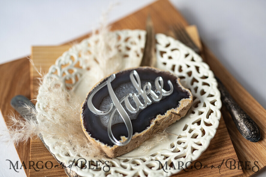 PLACE CARDS / TABLE CARDS Acrylic Gold Clear / Wood 3D Extra Large Name Cards, Custom Elegant 3D Silver Mirror Acrylic Place Cards, Engraved Name Premium Luxury Seating Cards, Silver Acrylic Custom Escort Cards