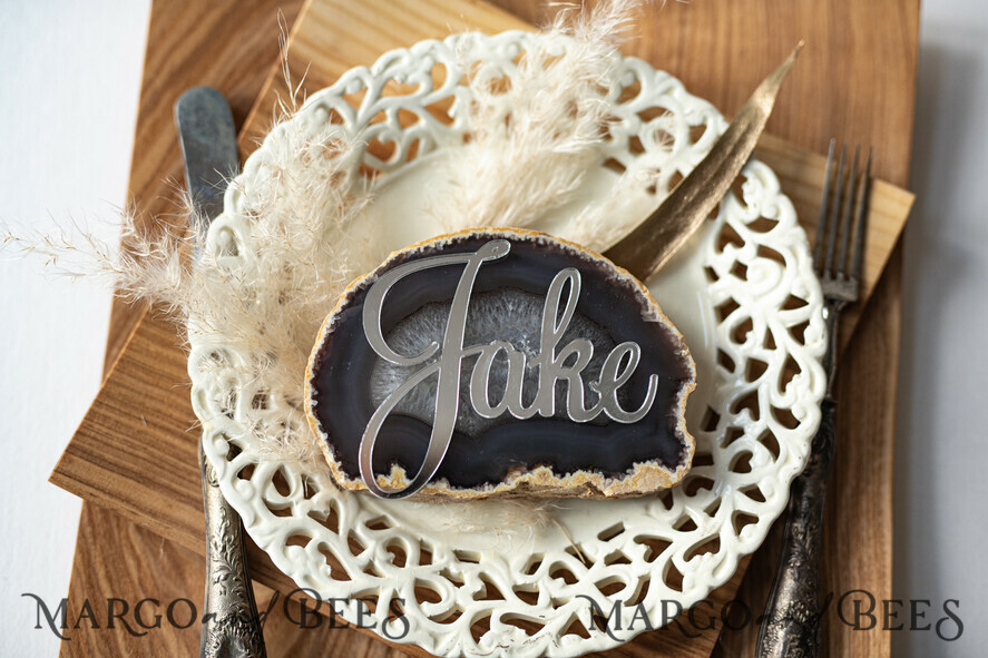 PLACE CARDS / TABLE CARDS Acrylic Gold Clear / Wood 3D Extra Large Name Cards, Custom Elegant 3D Silver Mirror Acrylic Place Cards, Engraved Name Premium Luxury Seating Cards, Silver Acrylic Custom Escort Cards