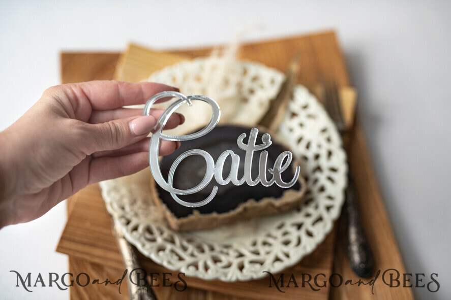 PLACE CARDS / TABLE CARDS Acrylic Gold Clear / Wood 3D Extra Large Name Cards, Custom Elegant 3D Silver Mirror Acrylic Place Cards, Engraved Name Premium Luxury Seating Cards, Silver Acrylic Custom Escort Cards