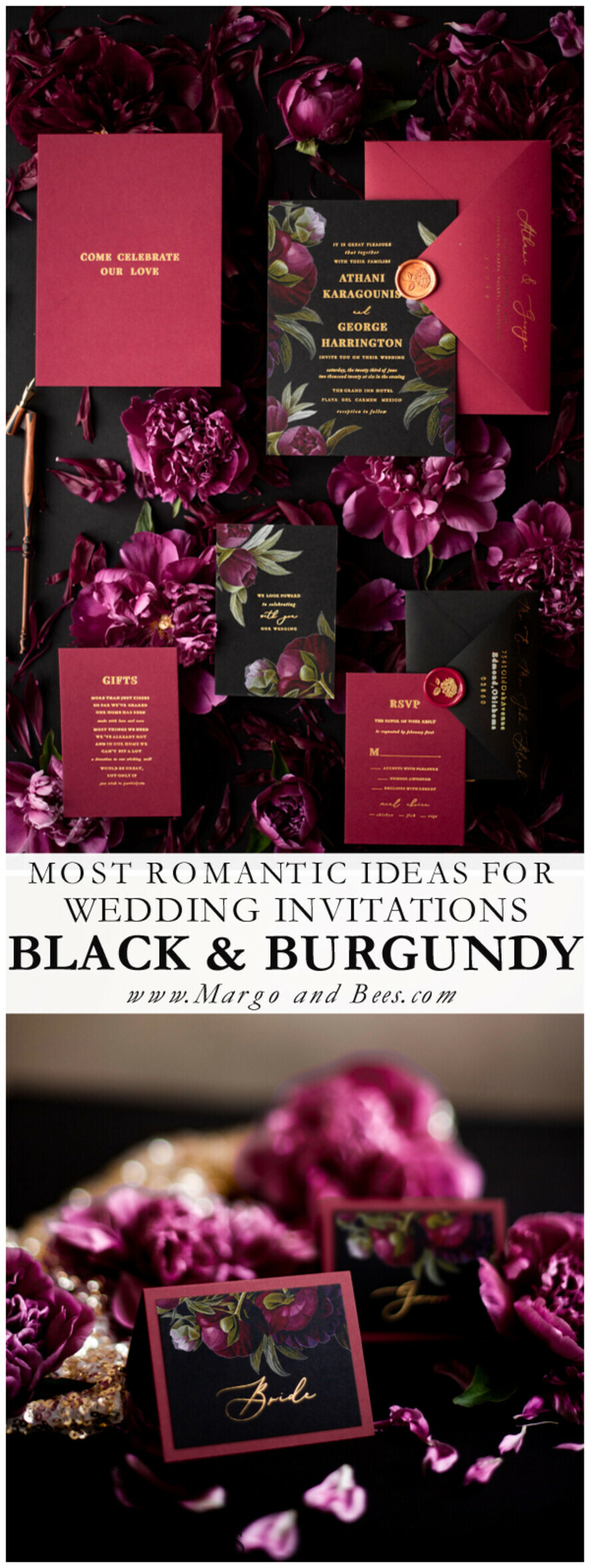 PLACE CARDS / TABLE CARDS Luxury Premium Glitter/ Gold/ Silver/ Rose Gold Unique Black Wedding Place Cards, Maroon Card with Gold Lettering, Elegant Dark Floral Wedding Name Tags with Peony Graphic, Custom Gold Wording Escort Cards
