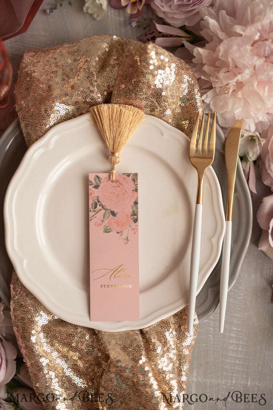 PLACE CARDS / TABLE CARDS Luxury Premium Glitter/ Gold/ Silver/ Rose Gold Elegant Wedding Escort Card with Gold Tassel, Gold Foil Printout with Flowers, Romantic Tassel Wedding Place Card, Blush Pink Name Cards, Custom Text Place Card