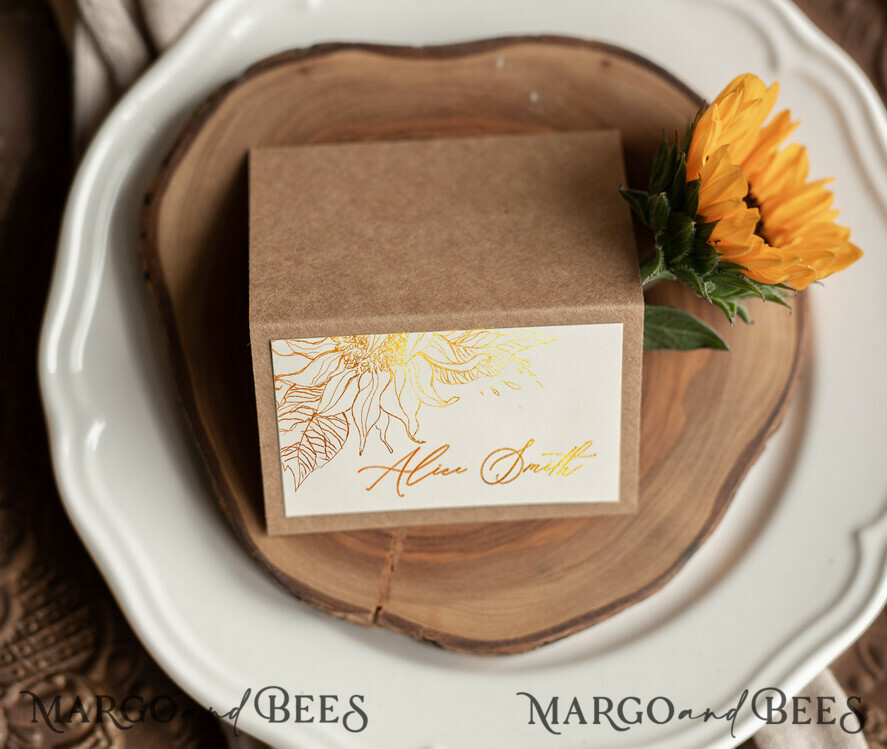 PLACE CARDS / TABLE CARDS Luxury Premium Glitter/ Gold/ Silver/ Rose Gold Elegant Eco Brown and White Wedding Place Cards with Gold Foil, Romantic Name Tags for Your Wedding Tables, Modern Wedding Stationery, Sunflowers Escort Cards
