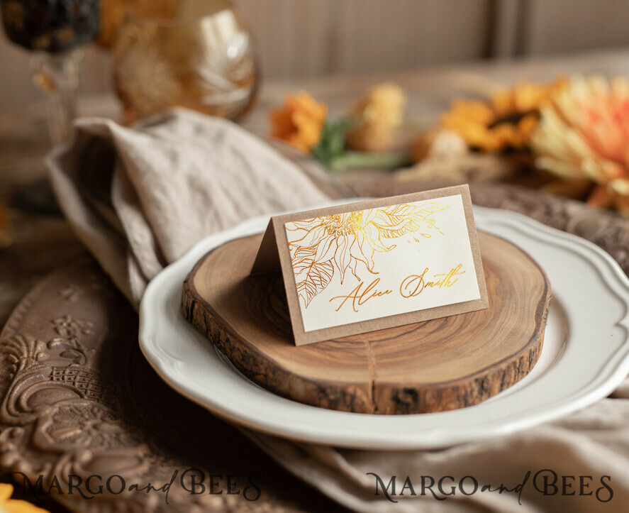 PLACE CARDS / TABLE CARDS Luxury Premium Glitter/ Gold/ Silver/ Rose Gold Elegant Eco Brown and White Wedding Place Cards with Gold Foil, Romantic Name Tags for Your Wedding Tables, Modern Wedding Stationery, Sunflowers Escort Cards