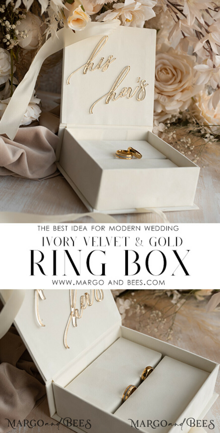 RING BEARER BOXES & PILLOWS Velvet ring box for wedding ceremony ivory Wedding Ring Boxes his hers, Luxury Velvet golden Ring box double, garden wedding ring box, ecru wedding box for wedding bands