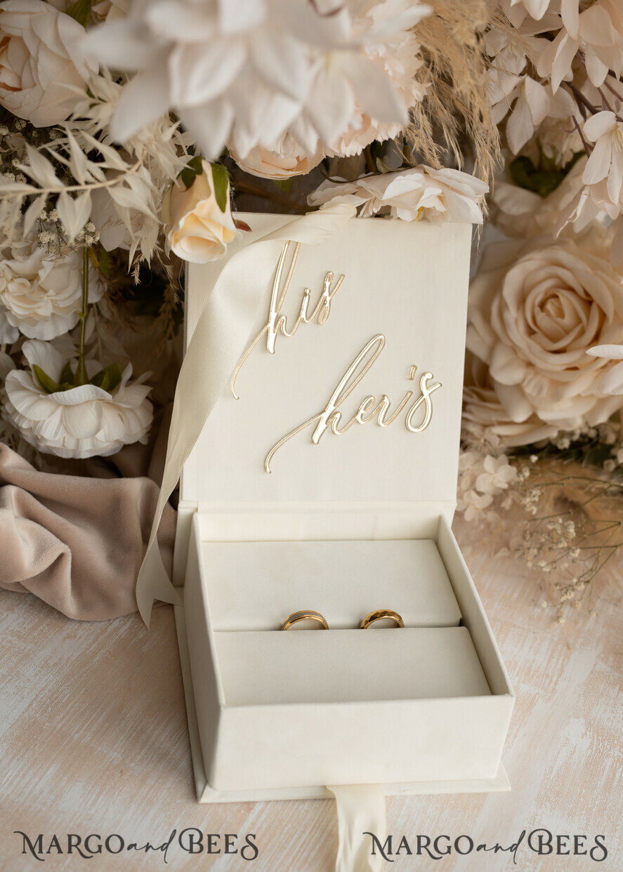 RING BEARER BOXES & PILLOWS Velvet ring box for wedding ceremony ivory Wedding Ring Boxes his hers, Luxury Velvet golden Ring box double, garden wedding ring box, ecru wedding box for wedding bands