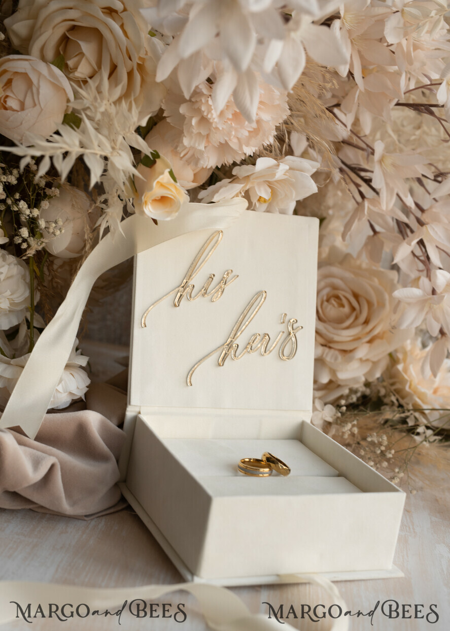 RING BEARER BOXES & PILLOWS Velvet ring box for wedding ceremony ivory Wedding Ring Boxes his hers, Luxury Velvet golden Ring box double, garden wedding ring box, ecru wedding box for wedding bands
