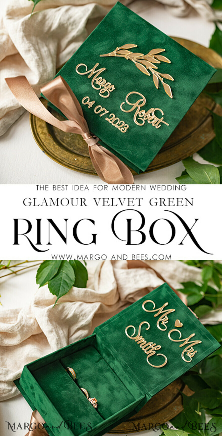 RING BEARER BOXES & PILLOWS Velvet ring box for wedding ceremony green Golden velvet Wedding Ring Box for ceremony, Ring Box for Wedding Ceremony 3 rings velvet, Boho Glam Wedding Ring Boxes his hers, Luxury Velvet Ring box double Custom Colors