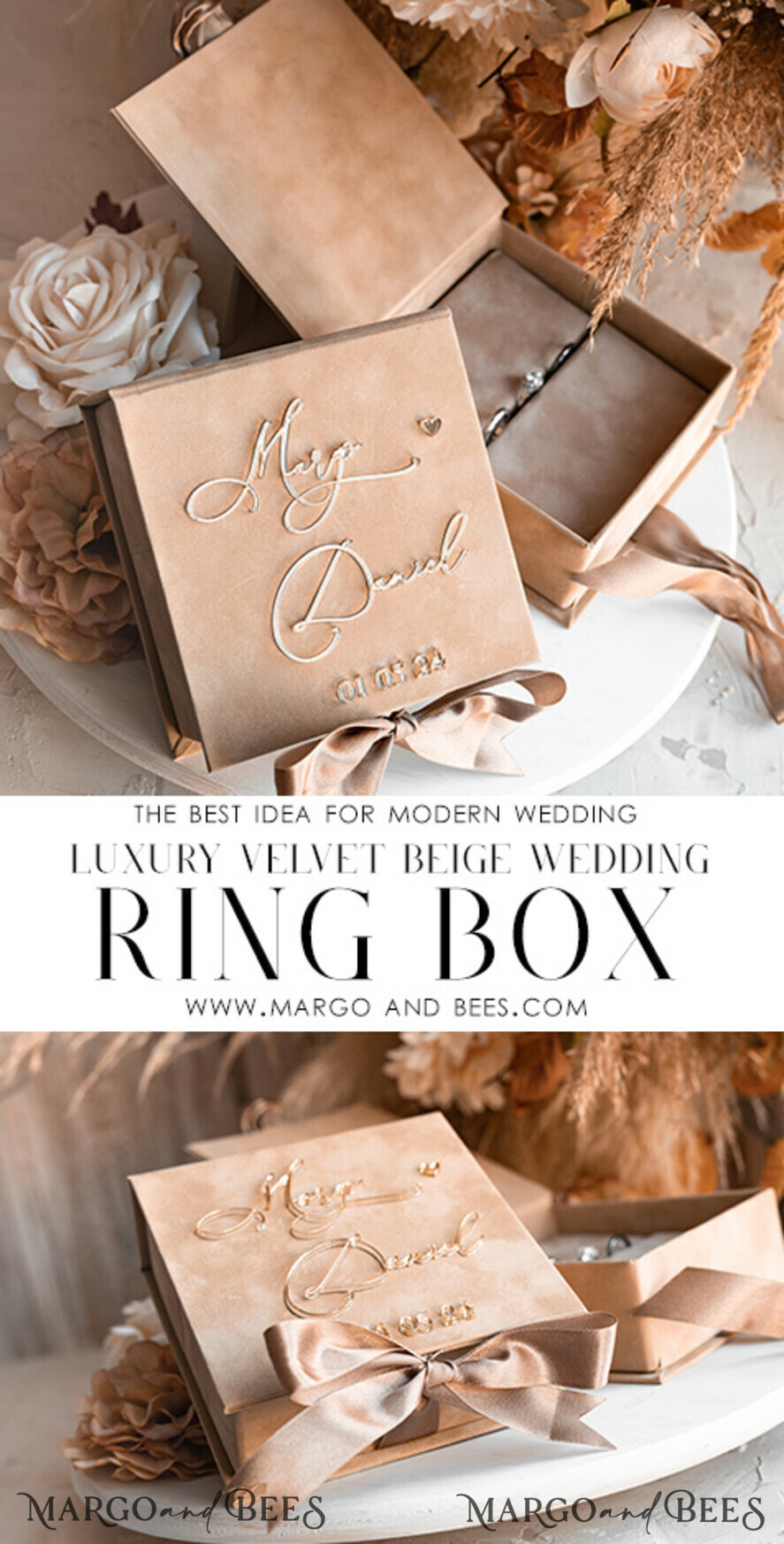 RING BEARER BOXES & PILLOWS Velvet ring box for wedding ceremony Beige Golden velvet Wedding Ring Box for ceremony, Nude Ring Box for Wedding Ceremony 3 rings velvet, Boho Glam Wedding Ring Boxes his hers, Luxury Velvet Ring box double Custom Colors