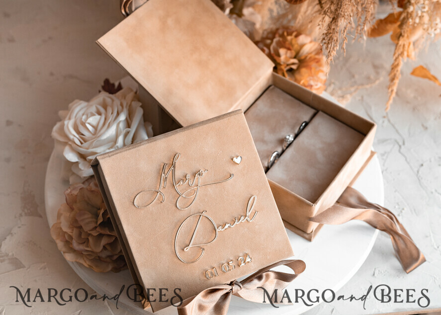 RING BEARER BOXES & PILLOWS Velvet ring box for wedding ceremony Beige Golden velvet Wedding Ring Box for ceremony, Nude Ring Box for Wedding Ceremony 3 rings velvet, Boho Glam Wedding Ring Boxes his hers, Luxury Velvet Ring box double Custom Colors