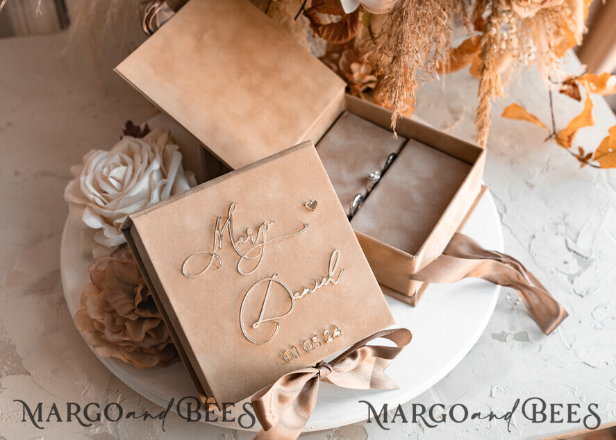 RING BEARER BOXES & PILLOWS Velvet ring box for wedding ceremony Beige Golden velvet Wedding Ring Box for ceremony, Nude Ring Box for Wedding Ceremony 3 rings velvet, Boho Glam Wedding Ring Boxes his hers, Luxury Velvet Ring box double Custom Colors
