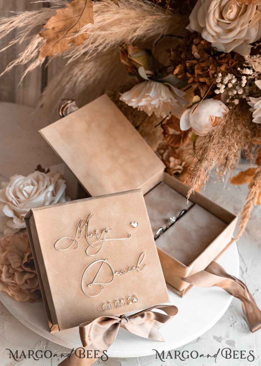 RING BEARER BOXES & PILLOWS Velvet ring box for wedding ceremony Beige Golden velvet Wedding Ring Box for ceremony, Nude Ring Box for Wedding Ceremony 3 rings velvet, Boho Glam Wedding Ring Boxes his hers, Luxury Velvet Ring box double Custom Colors