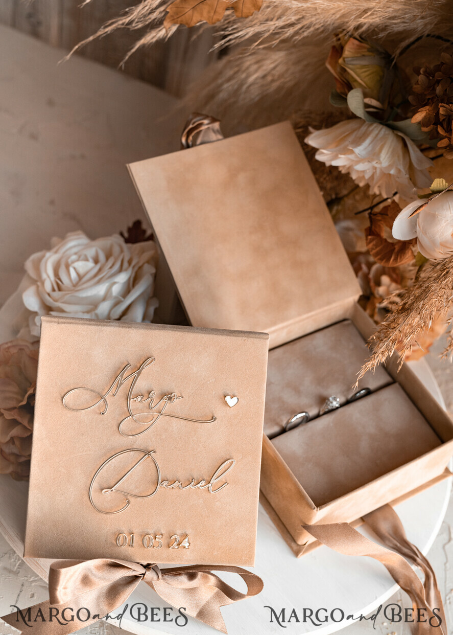 RING BEARER BOXES & PILLOWS Velvet ring box for wedding ceremony Beige Golden velvet Wedding Ring Box for ceremony, Nude Ring Box for Wedding Ceremony 3 rings velvet, Boho Glam Wedding Ring Boxes his hers, Luxury Velvet Ring box double Custom Colors
