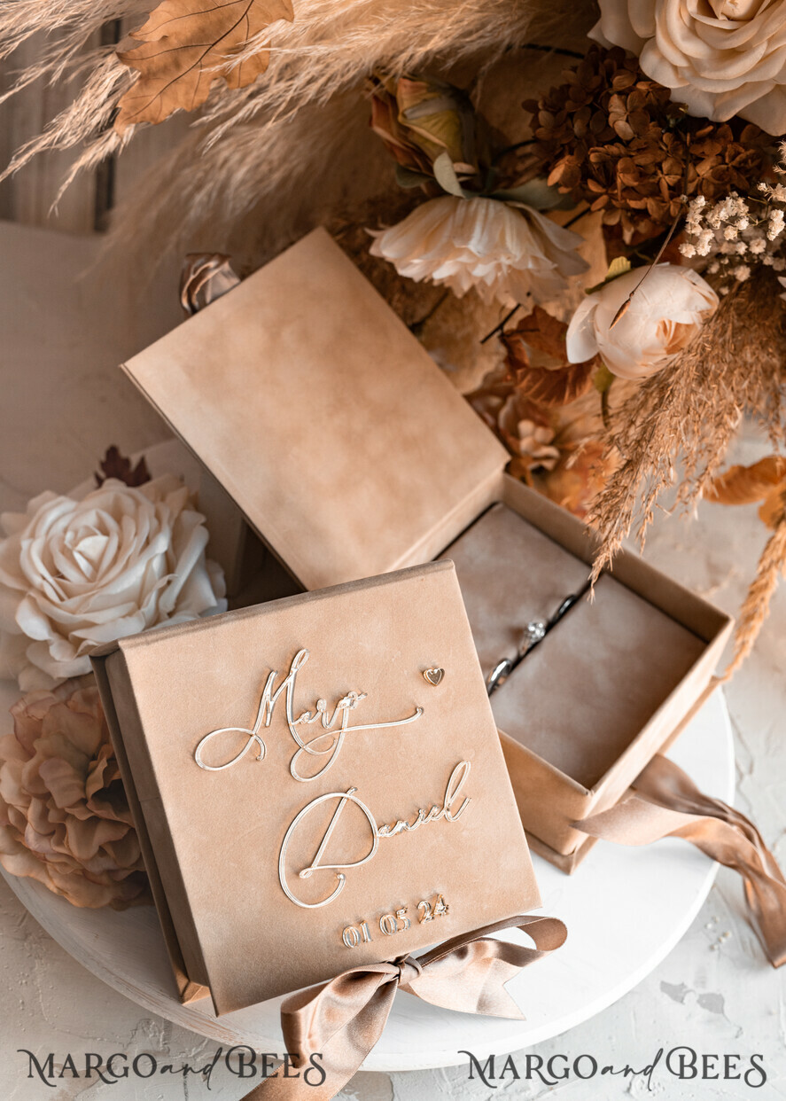 RING BEARER BOXES & PILLOWS Velvet ring box for wedding ceremony Beige Golden velvet Wedding Ring Box for ceremony, Nude Ring Box for Wedding Ceremony 3 rings velvet, Boho Glam Wedding Ring Boxes his hers, Luxury Velvet Ring box double Custom Colors