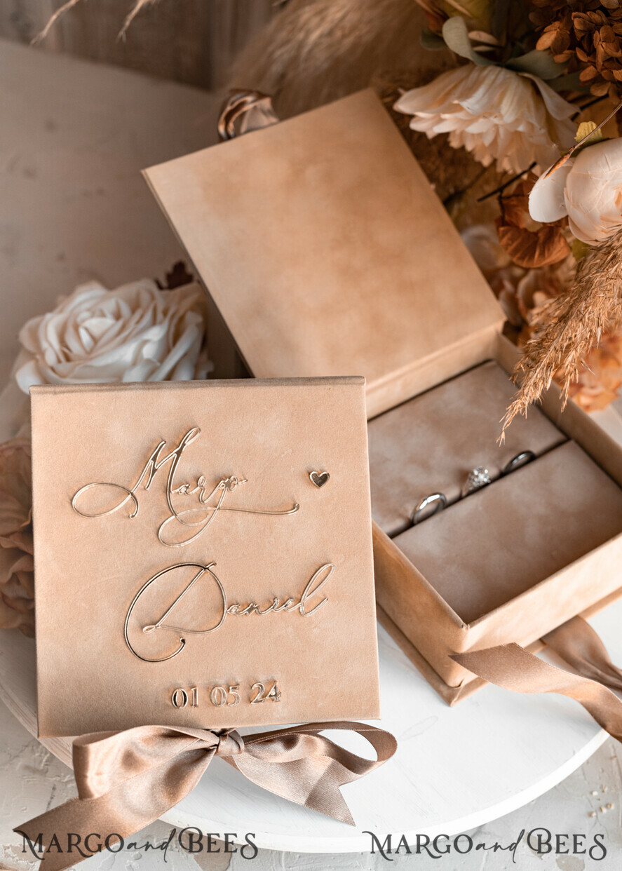 RING BEARER BOXES & PILLOWS Velvet ring box for wedding ceremony Beige Golden velvet Wedding Ring Box for ceremony, Nude Ring Box for Wedding Ceremony 3 rings velvet, Boho Glam Wedding Ring Boxes his hers, Luxury Velvet Ring box double Custom Colors