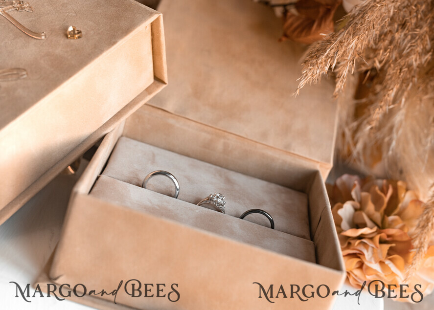 RING BEARER BOXES & PILLOWS Velvet ring box for wedding ceremony Beige Golden velvet Wedding Ring Box for ceremony, Nude Ring Box for Wedding Ceremony 3 rings velvet, Boho Glam Wedding Ring Boxes his hers, Luxury Velvet Ring box double Custom Colors