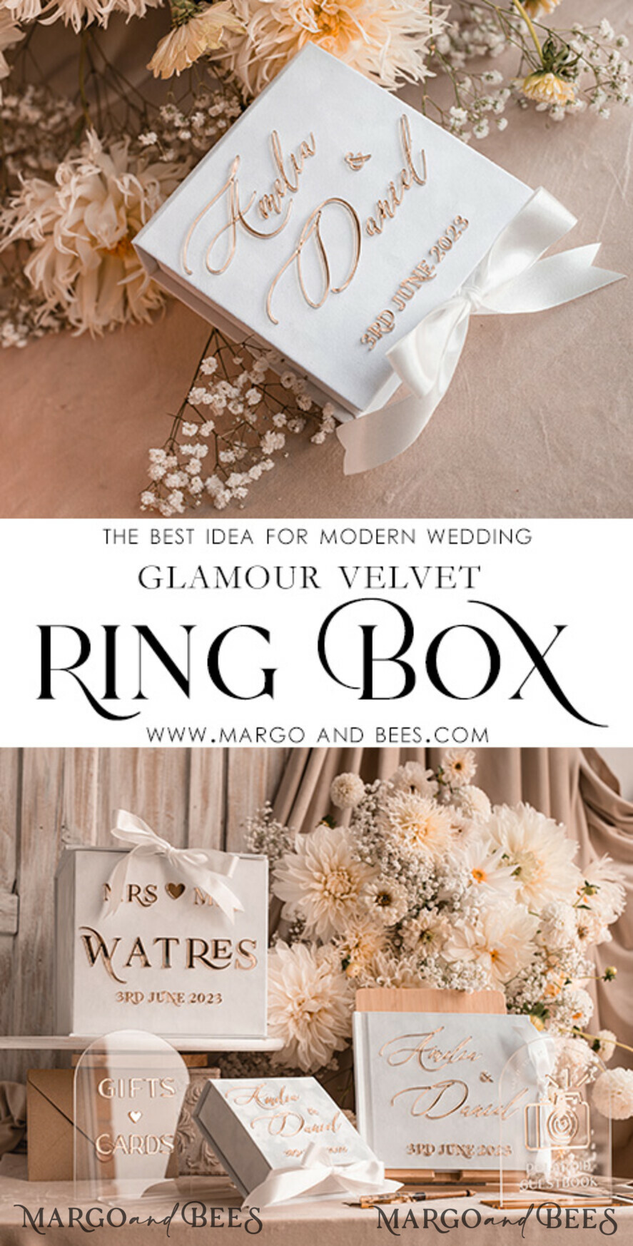 RING BEARER BOXES & PILLOWS Velvet ring box for wedding ceremony Pure White Ring Box for Wedding Ceremony 3 rings, White Golden velvet Wedding Ring Box for ceremony, Glamour Wedding Ring Boxes his hers, Luxury Velvet Ring box double Custom Colors