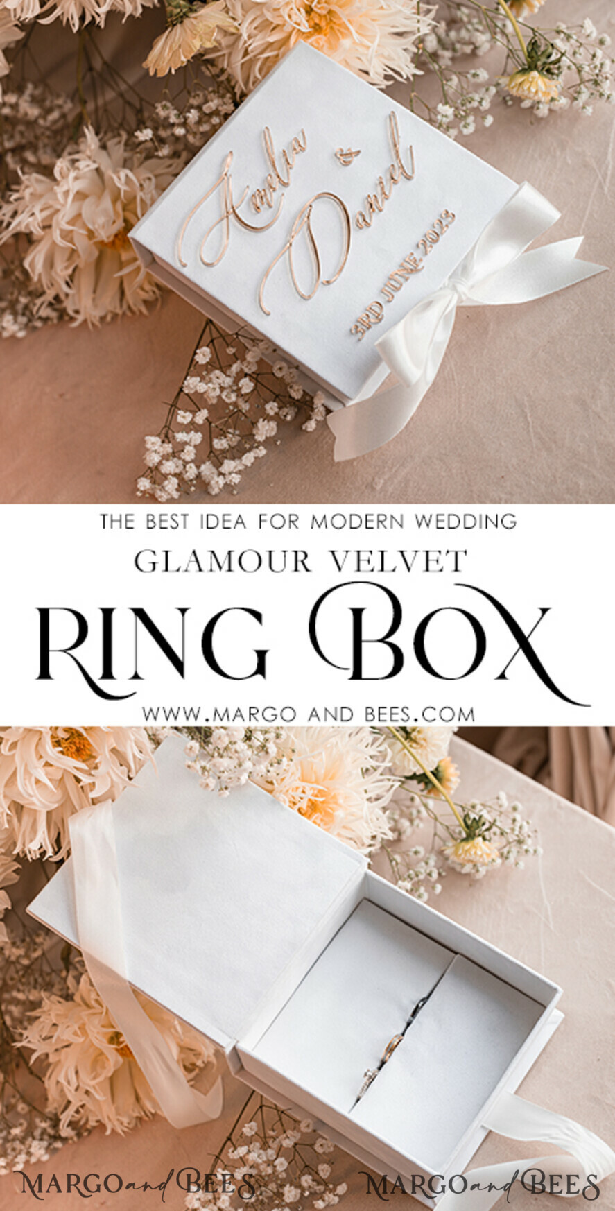 RING BEARER BOXES & PILLOWS Velvet ring box for wedding ceremony Pure White Ring Box for Wedding Ceremony 3 rings, White Golden velvet Wedding Ring Box for ceremony, Glamour Wedding Ring Boxes his hers, Luxury Velvet Ring box double Custom Colors