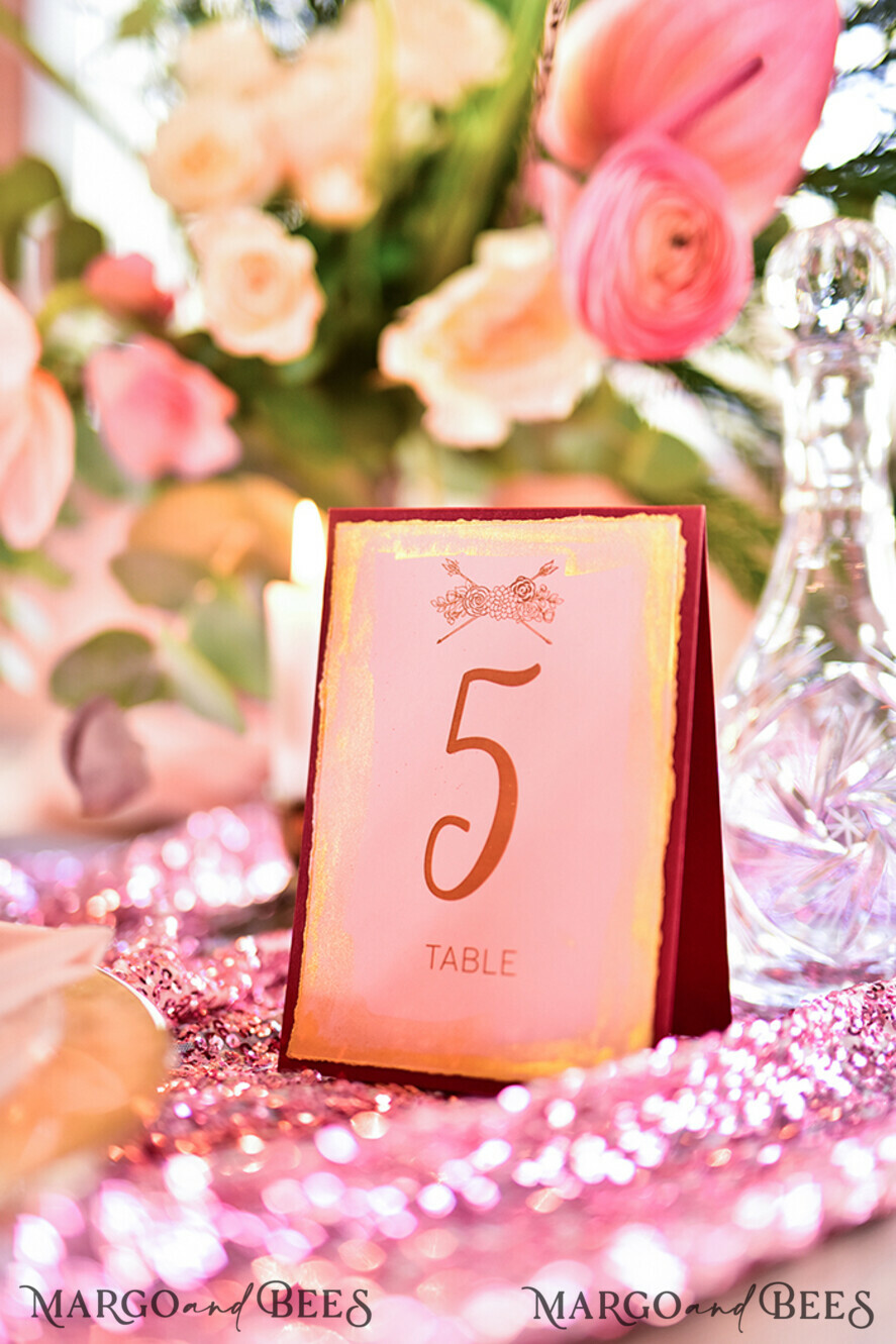 TABLE DECOR SIGNS glitter Romantic Pink and Gold Wedding Table Numbers, Boho Pink Table Cards, Pink Vintage Golden Wedding Table Decor, Vintage Pink Burgundy Table Numbers, Editable Text