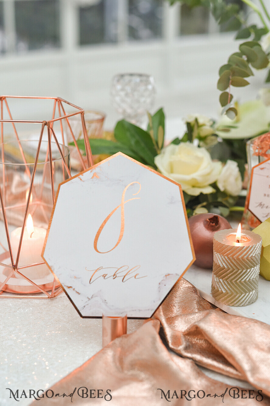 TABLE DECOR SIGNS glitter Geometric Wedding Decor, Copper Foil Wedding Table Numbers, Marble Glamour Wedding Table Sign, Editable Text, Geometric Copper Marble Wedding Sign, Luxury sign