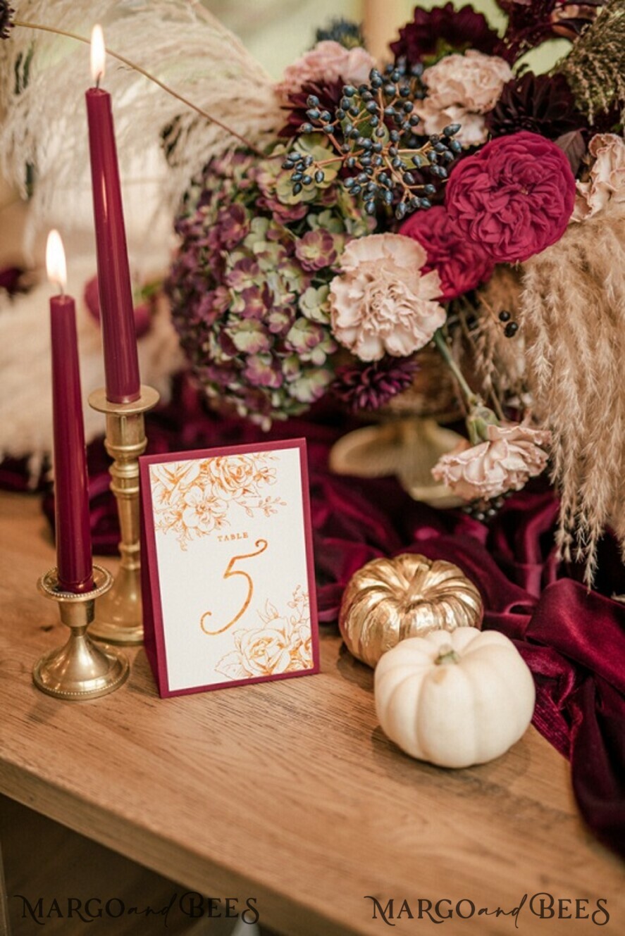 TABLE DECOR SIGNS glitter Luxury Golden Shine Wedding Table Numbers, Glamour Ivory Table Cards with Burgundy, Romantic Gold Foil Wedding Table Décor, Vintage Rose gold foil Table Numbers