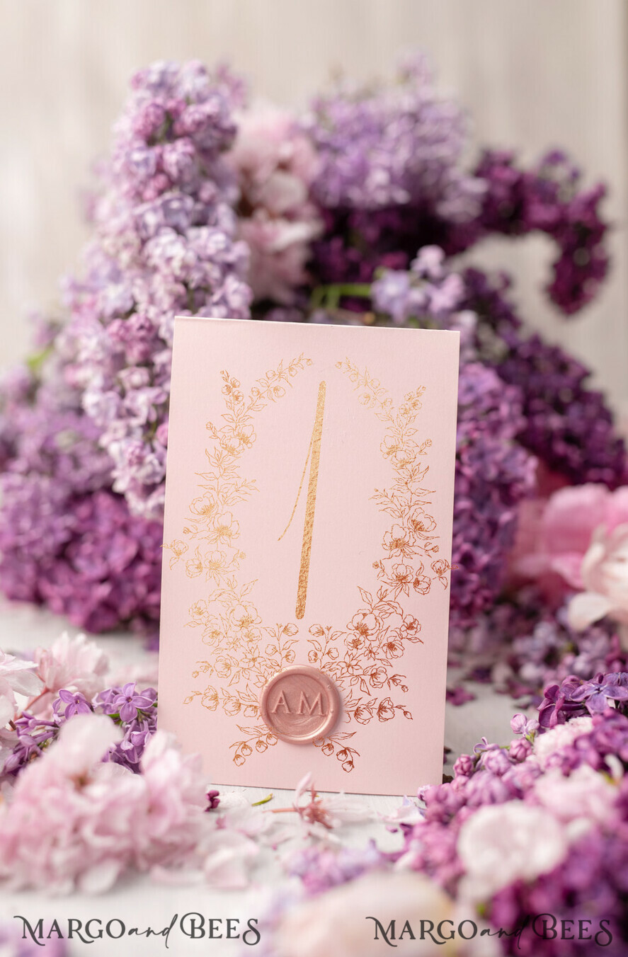 TABLE DECOR SIGNS glitter Blush Pink Elegant Wedding Table Numbers, Floral Gold Table Cards with decorative wax seal, Romantic Glamour Wedding Table Decor, Editable text, wedding signage