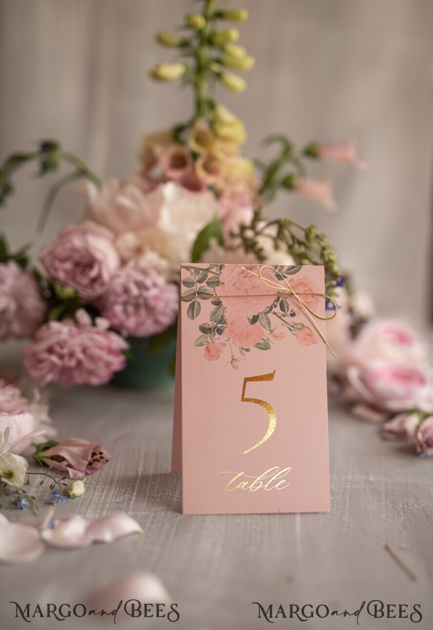 TABLE DECOR SIGNS glitter Blush Pink Rose Wedding Table Numbers, Gold Foil Wedding Tent Table Cards, Elegant Rose Table Décor and golden twine, Glamour Wedding Stationery, Editable Text