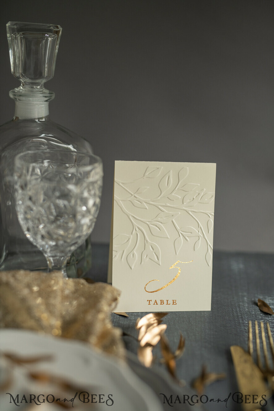TABLE DECOR SIGNS glitter Gold Foil and Floral Embossed Wedding Table Numbers, Letterpress Table Cards, Elegant Floral Table Decor, Glamour Embossed Wedding Stationery, Editable wording