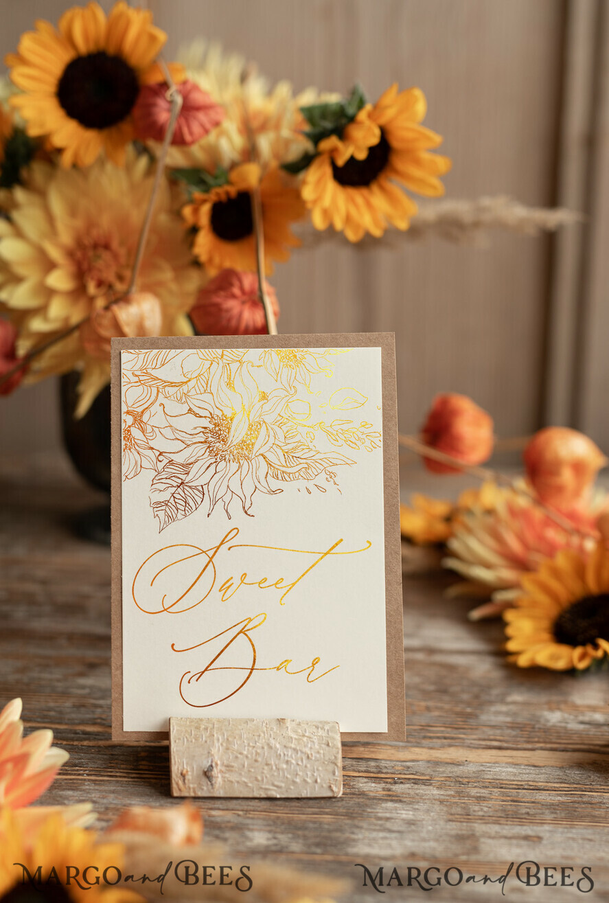 TABLE DECOR SIGNS glitter Rustic Golden Shine Wedding Table Numbers, Sunflowers Ivory Table Card with golden printout, Romantic Gold Foil Eco Wedding Table Decor, gold foil Table Numbers