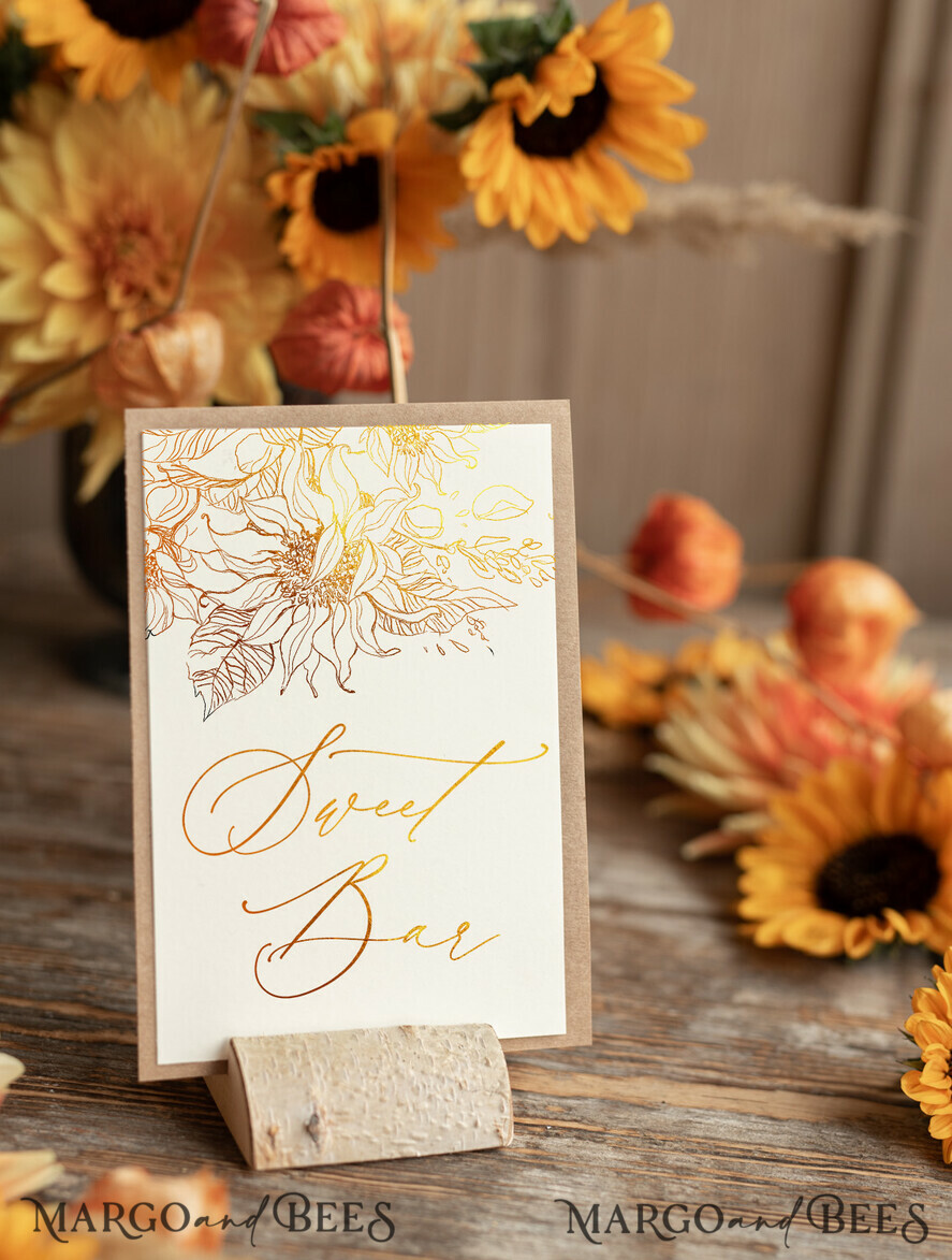 TABLE DECOR SIGNS glitter Rustic Golden Shine Wedding Table Numbers, Sunflowers Ivory Table Card with golden printout, Romantic Gold Foil Eco Wedding Table Decor, gold foil Table Numbers