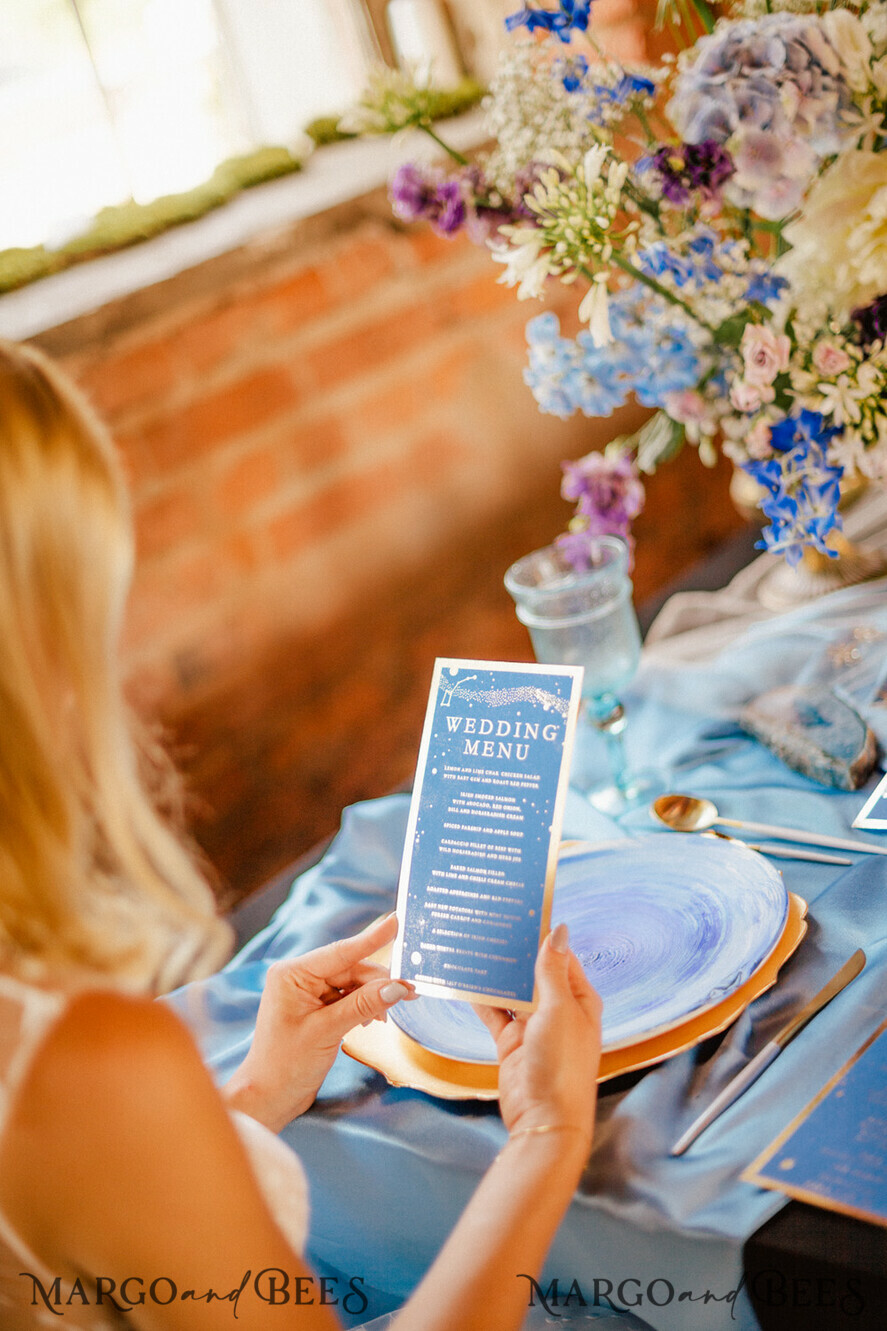 MENU & PROGRAMS glitter/ luxury premium Luxury Golden Shine Wedding Menu, Royal Navy Blue Wedding Menu Cards, Glamour Gold Foil Wedding Menu, Elegant, Bespoke Galaxy Menu, Stars Menu, Navy Blue Menu